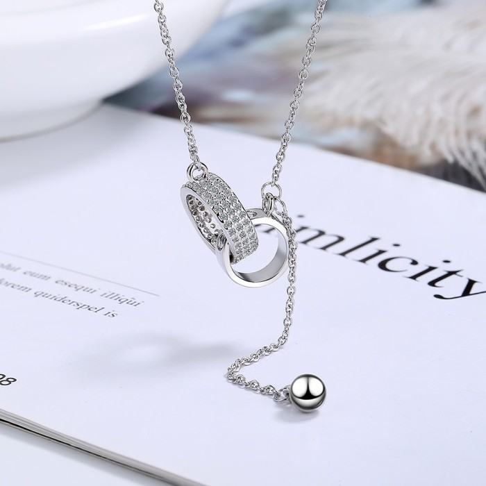 Mosaic CZ Crystal Double Circle Y Tassel Pendant Necklace Stainless Steel Wedding Jewelry  for Women 579