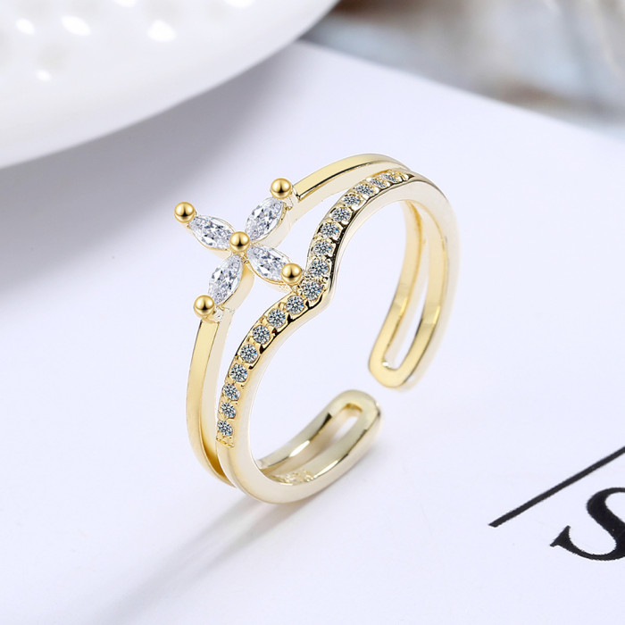 Double Layer Sweet Four Leaf Flower Opening Rings For Women Wedding Anniversary Fine Jewelry