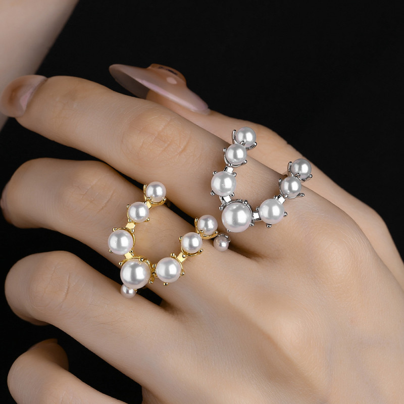 New Elegant Exaggeration Double Layer Large Pearl Rings for Women Fashion Accessories Party Hot Jewelry 490