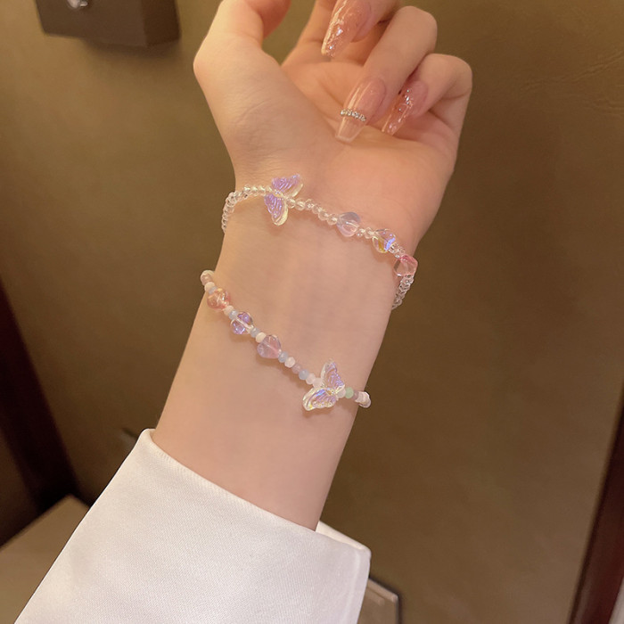 Fashion Colorful Butterfly Charm Bracelet Korean Temperament Sweet Crystal Beaded Elastic Rope Women Jewelry