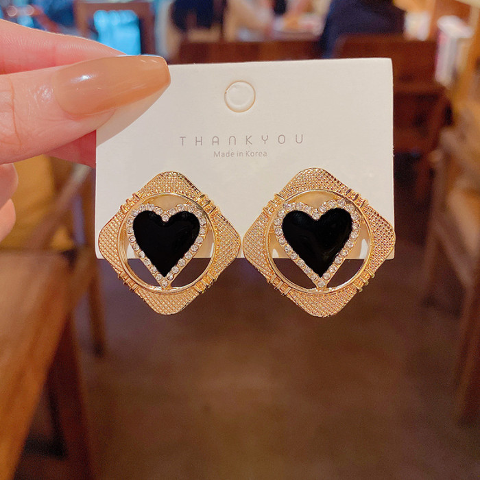 Stainless Steel Black Heart Square Stud Earrings for Women Gold Plated Heart CZ Crystal Christmas Gift