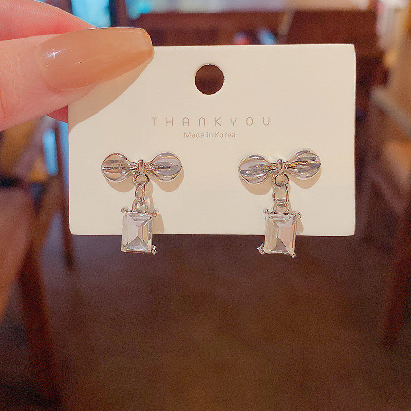 Korean Versatile Small Sqaure Crystal Bow Ear Clip Earrings Zircon Simulated Water Drop Pearl