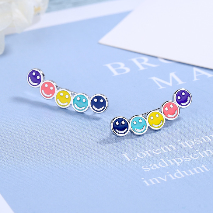 Cute Colorful Yellow Blue Pink Green Sweet Smile Faces Long Pendant Acrylic Stud Earrings For Women