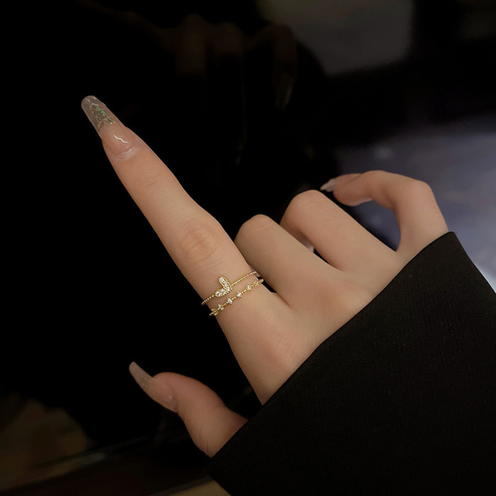 Retro Minimalist Opening Rings for Women Double Layer Moon Stars Cross Zircon Adjustable Finger Girl Personality Jewelry