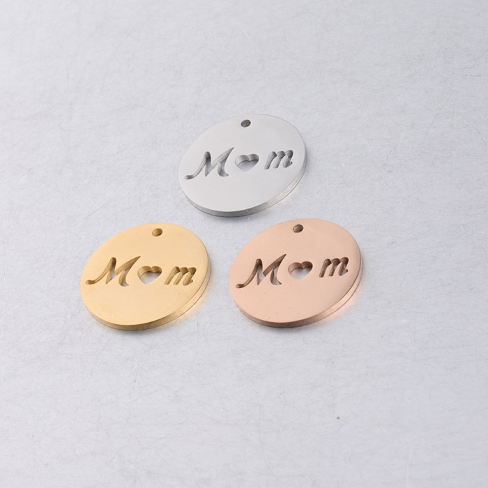 20mm Round Hollow Mom Letter Wafer Pendant Stainless Steel Accessories Mother's Day DIY Ornament Accessories, Necklaces