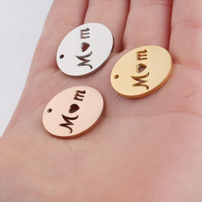 20mm Round Hollow Mom Letter Wafer Pendant Stainless Steel Accessories Mother's Day DIY Ornament Accessories, Necklaces