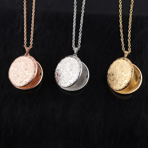 Personalized Stainless Steel Retro Pattern Round Photo Box Necklace DIY Open Photo Women Necklace