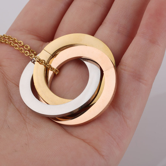 Stainless Steel Three Ring Winding Gold Necklace Mirror DIY Laser Sculpture Polished Ring Necklace Couple Necklace