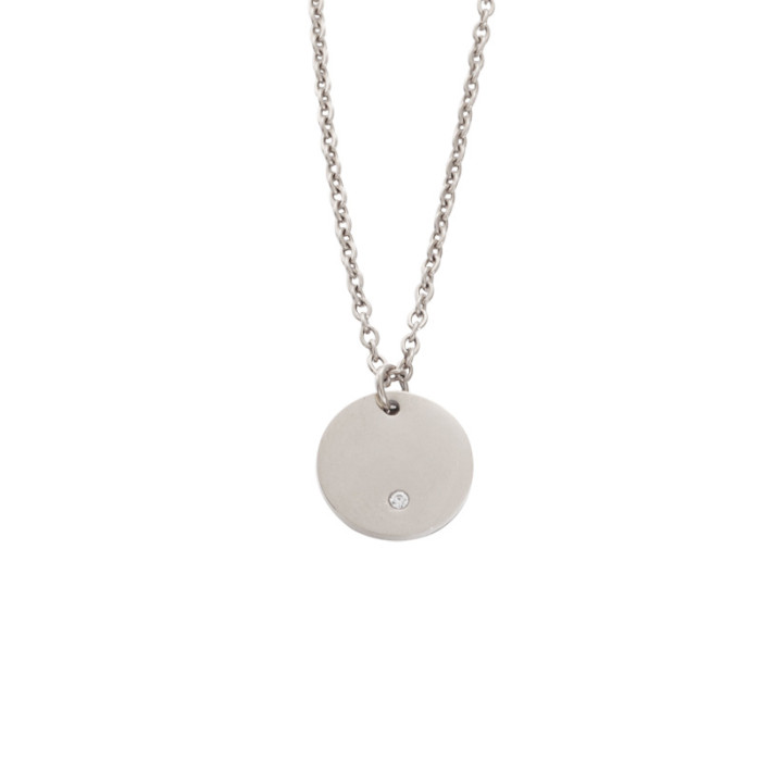 Simple Fashion Stainless Steel Necklace Geometric Round with Diamond DIY Laser Logo Pendant Necklace