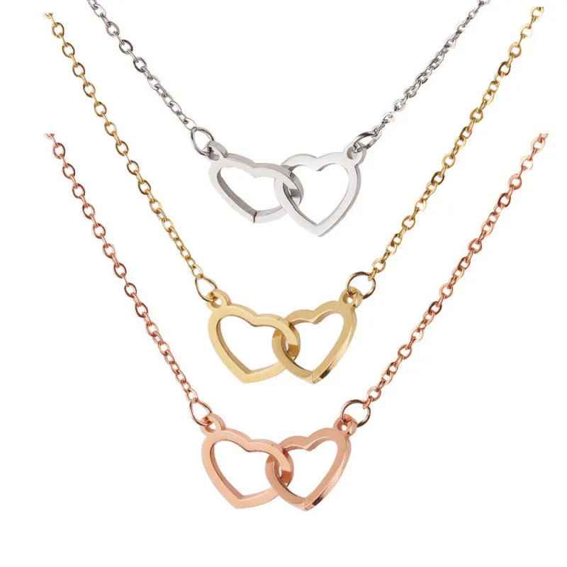 Personalized Stainless Steel Double Love Necklace DIY Heart-Shaped Buckle Double Ring Pendant for Women