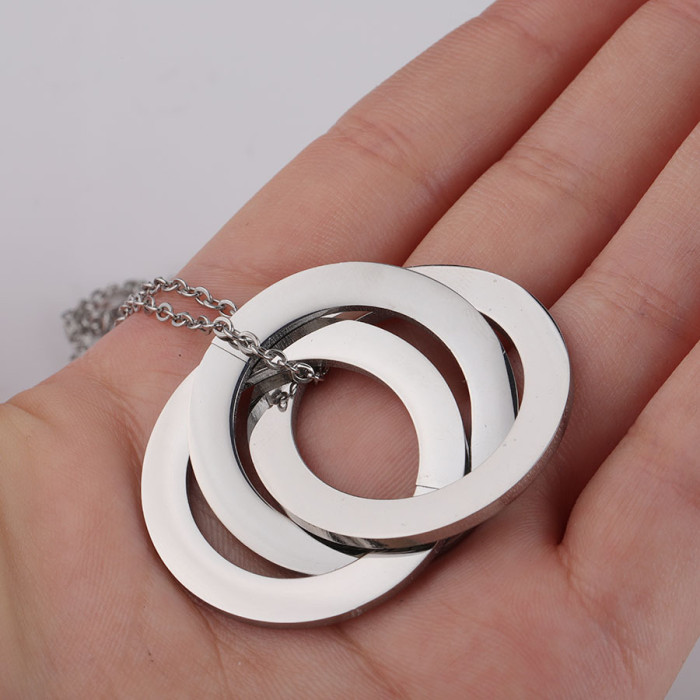 Stainless Steel Three Ring Winding Gold Necklace Mirror DIY Laser Sculpture Polished Ring Necklace Couple Necklace