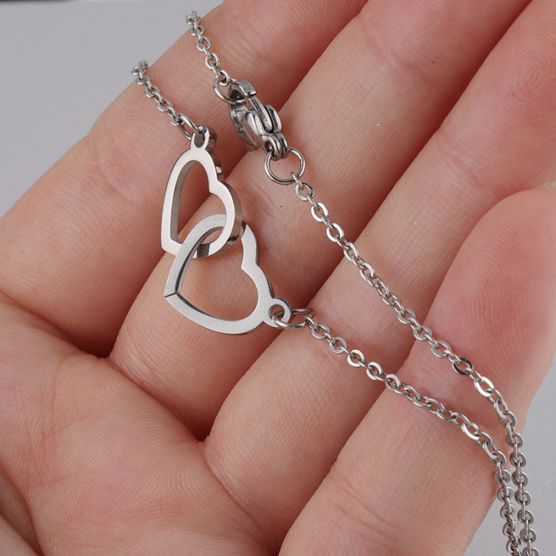 Personalized Stainless Steel Double Love Necklace DIY Heart-Shaped Buckle Double Ring Pendant for Women