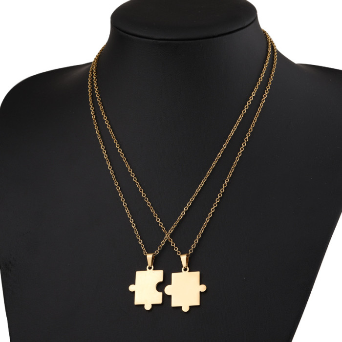 Rumnvnty New Couple Simple Fashion Geometry Pattern Puzzle Necklace Combination Valentine's Day Necklace Set