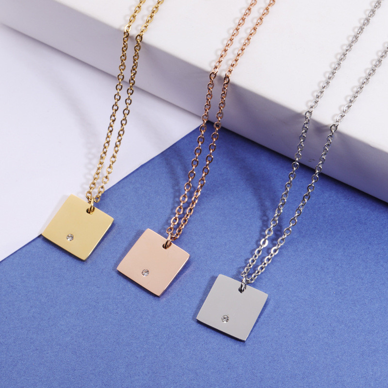 Personality Simple Stainless Steel Necklace and Pendant Geometric Square Diamond DIY Can Be Laser Sculpture Pendant