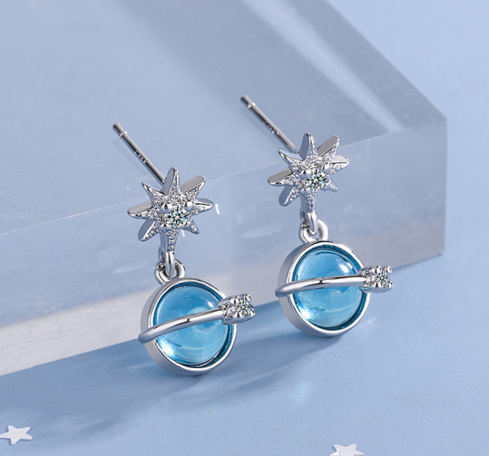 Blue Inlaid Zirconium Rhinestone Earring Studs Compact Temperamental Planet Female Studs Earrings
