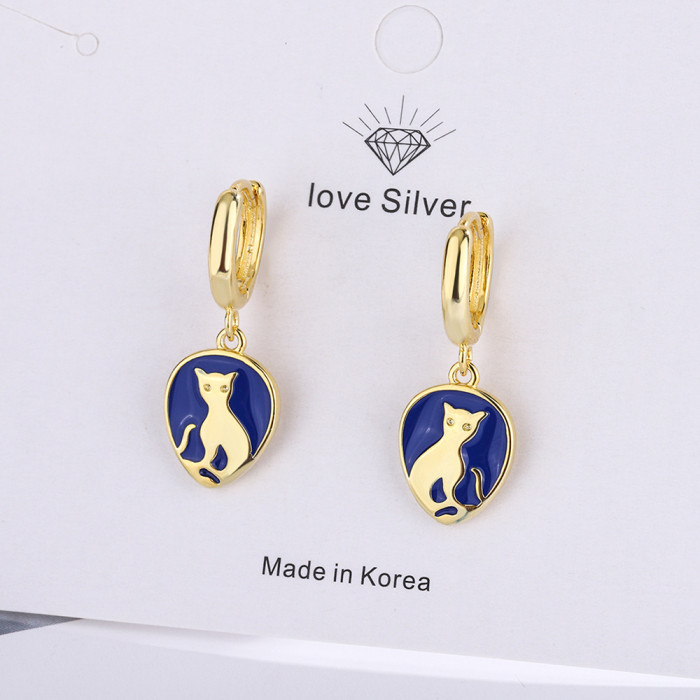 Korean Style Epoxy Blue Simple Temperament Cat Earrings Women's Cute Personalized Ear  679