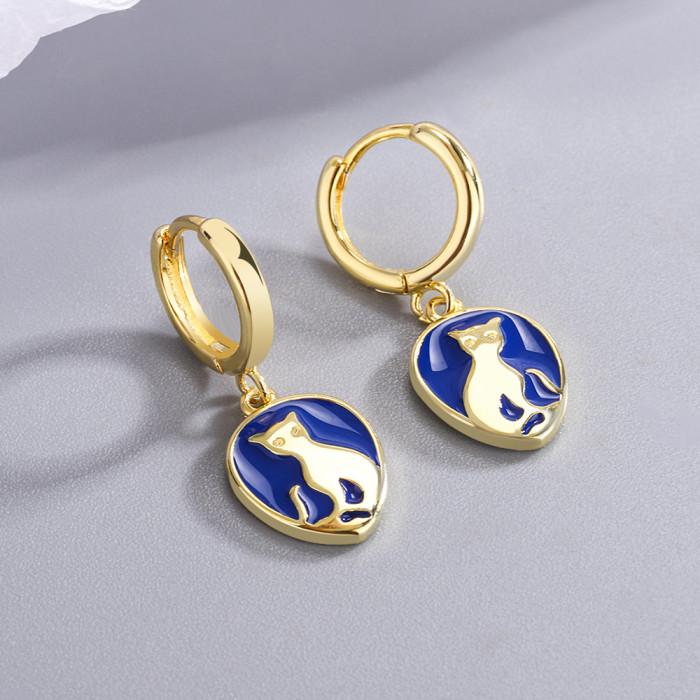 Korean Style Epoxy Blue Simple Temperament Cat Earrings Women's Cute Personalized Ear  679