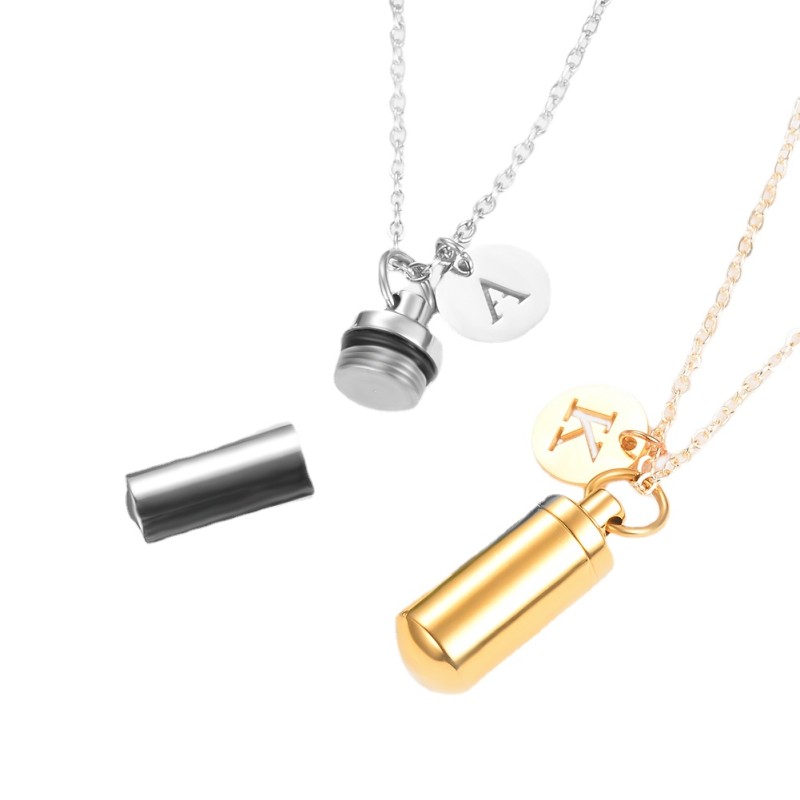 Stainless Steel Love Missed Cremation Pet Urn Ashes Cylinder Vial Pendant Necklace  Letter Initial Charm Memorial Jewelry