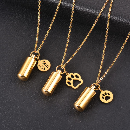 Pet Dog Paw Charm Cylinder Memorial Urn Necklace Stainless Steel Keepsake Pendant Ashes Holder Cremation Jewelry