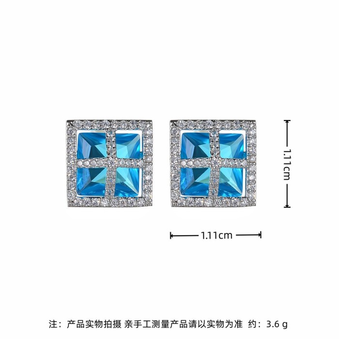 Ocean Blue Crystal Zircon Square Stud Earrings Micro-Inlaid Personality Affordable Luxury High-Grade Earrings