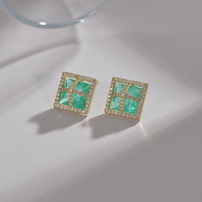 Ocean Blue Crystal Zircon Square Stud Earrings Micro-Inlaid Personality Affordable Luxury High-Grade Earrings