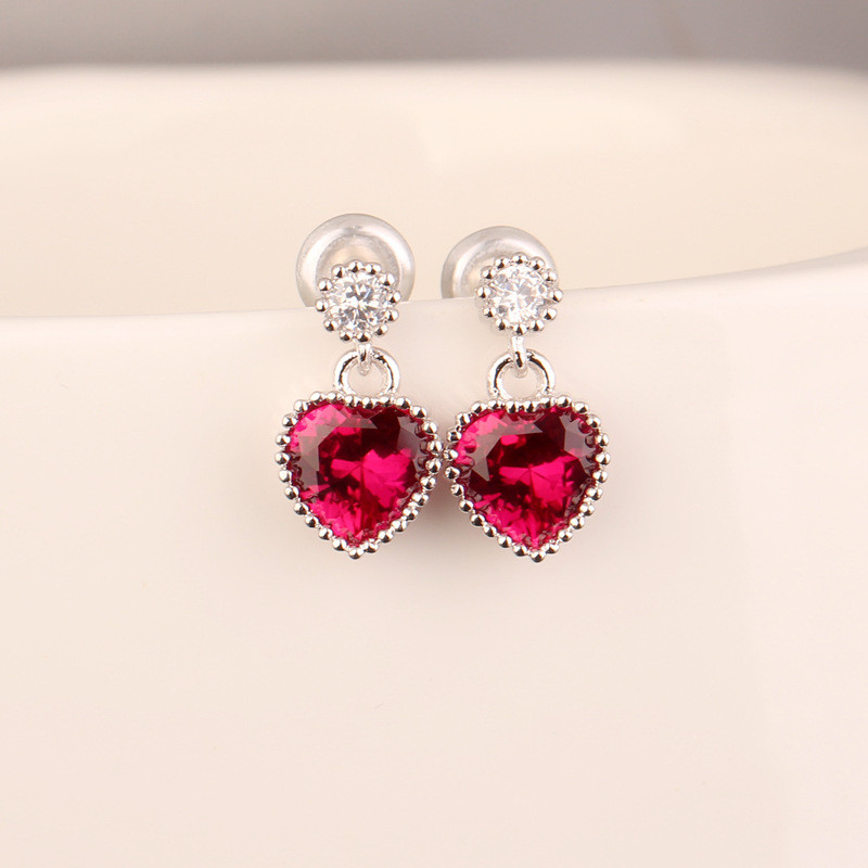 Ruby Love Red Corundum Earrings S925 Sterling Silver Needle Korean Style Pink Earrings Red Heart stud Earring 1193