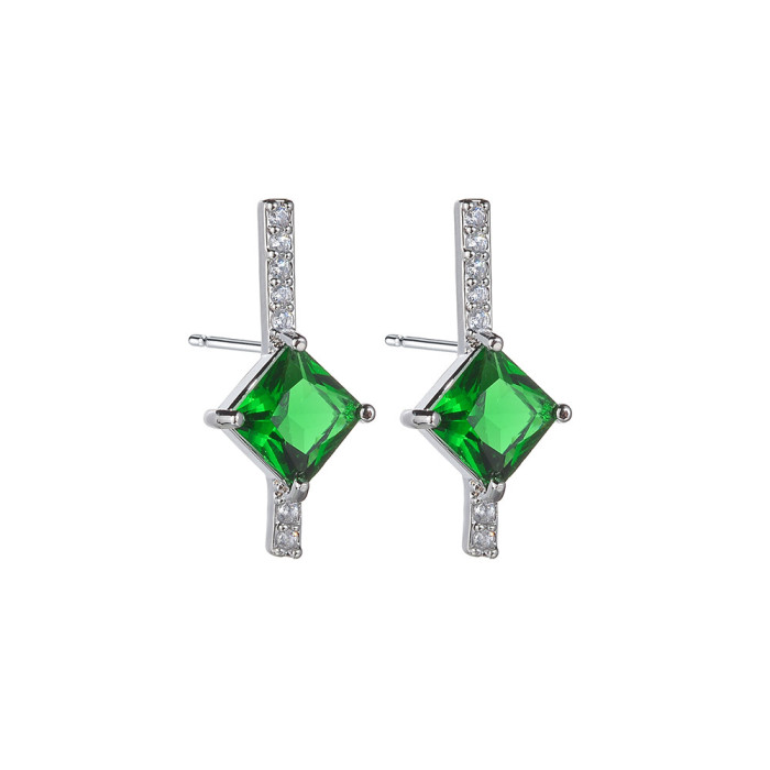 Emerald Square Stud Earrings AAA White Zirconium Inlaid Geometric Simple Personality Girls Stud Earrings