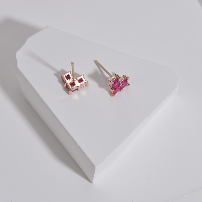 Square Love Heart Stud Earrings Inlaid Ruby Petite Earrings Silver Needle Ladies