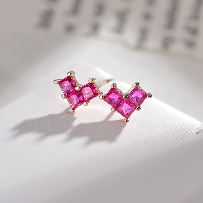 Square Love Heart Stud Earrings Inlaid Ruby Petite Earrings Silver Needle Ladies
