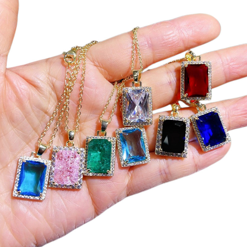 Rectangular Inlaid Zircon Crystal Ins Pendant Unisex Necklace for Women 200