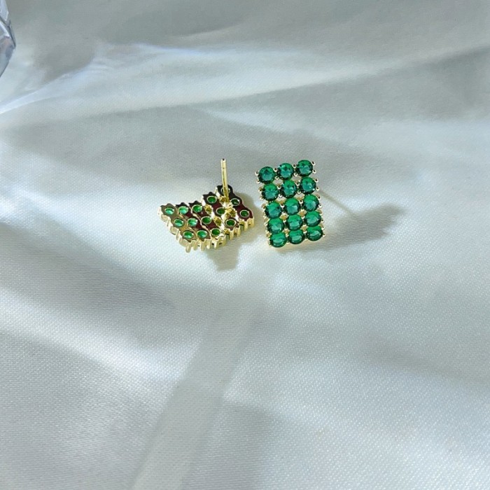 Emerald Nanometer Crystal Luxury Earrings Plated 14K Real Gold Geometric Ear Studs 1083
