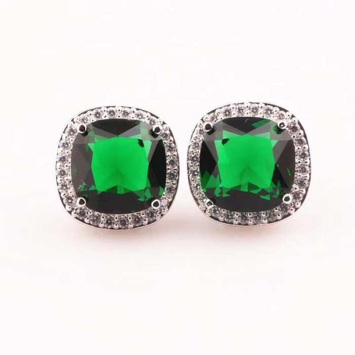 Silver Needle Colored Gems Green Burst Stone Square Stud Earrings Simple and Light Luxury Stud Earrings for Women