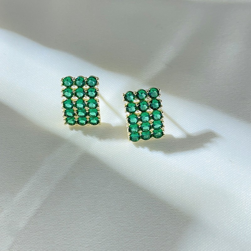 Emerald Nanometer Crystal Luxury Earrings Plated 14K Real Gold Geometric Ear Studs 1083