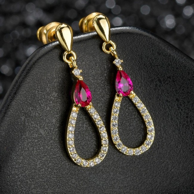 S925 Sterling Silver Needle Korean Style Ruby Water Drop Inlaid Luxury Simple Gold-Plated Earrings 1466