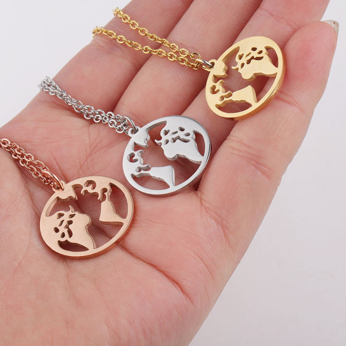 Stainless Steel Necklace round Geometric Openwork Circle World Map Necklace