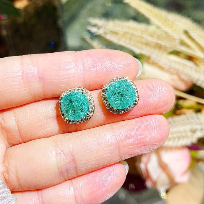 Silver Needle Colored Gems Green Burst Stone Square Stud Earrings Simple and Light Luxury Stud Earrings for Women
