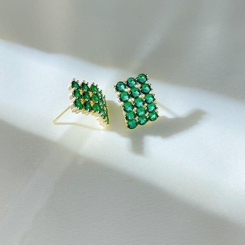 Emerald Nanometer Crystal Luxury Earrings Plated 14K Real Gold Geometric Ear Studs