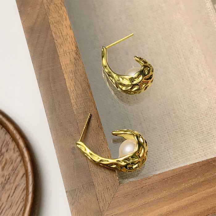 Irregular Texture Pleated Pearl Stud Earrings Simple Original Design Geometric Personalized Earrings Jewelry