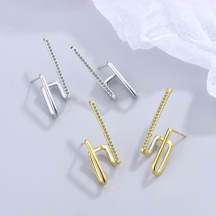 Geometric Irregular Earring Studs Women's Korean-Style Inlaid Zirconium Single Row Diamond Wave Line Personalized Ear Jewelry