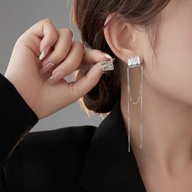 Lava Tassel Stud Earrings Female Chain Texture Earrings Ins Clip on Earrings