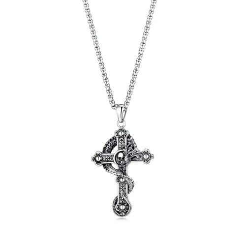 Ornament New Retro Titanium Steel Skull Cross Pendant Personalized Hip Hop Panlong Men's Necklace