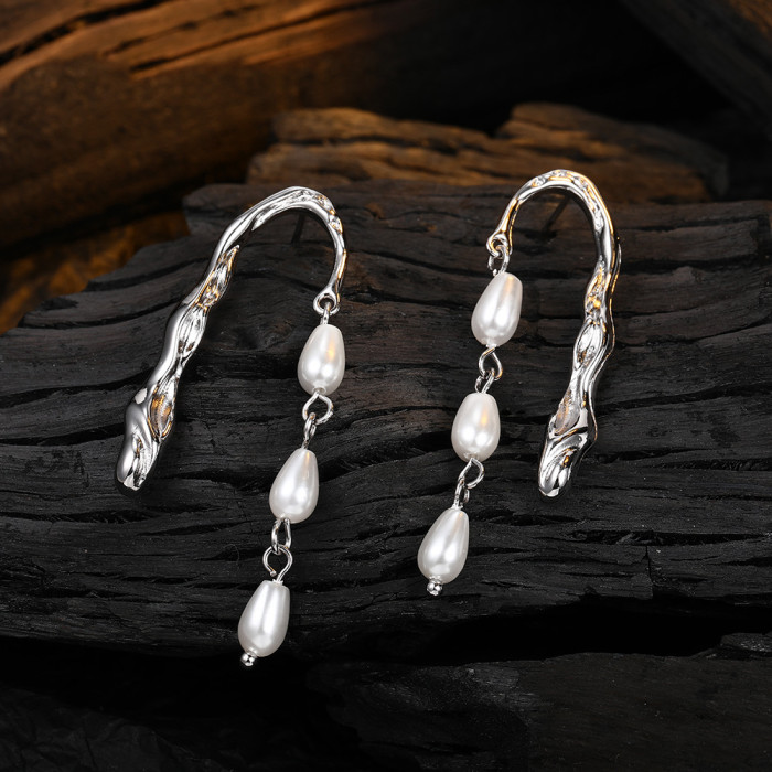 Stud Earrings for Women Elegant Long Fringed Pearl Lava Texture Earrings Jewelry for Women