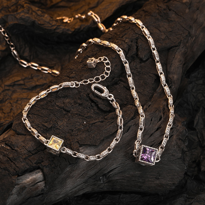 Purple Yellow Zircon Unique Stereo Retro Thai Silver Large G Square Necklace for Women Ins Jewelry for Women