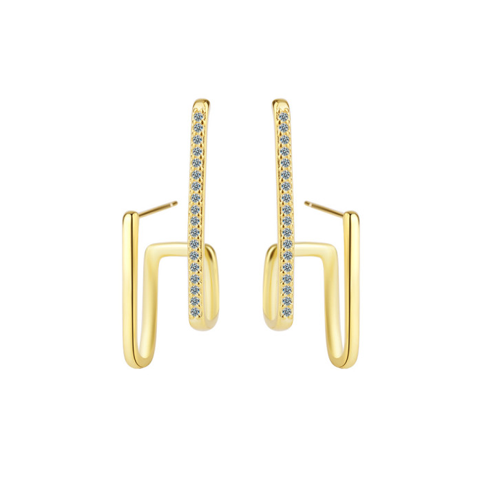 Geometric Irregular Earring Studs Women's Korean-Style Inlaid Zirconium Single Row Diamond Wave Line Personalized Ear Jewelry