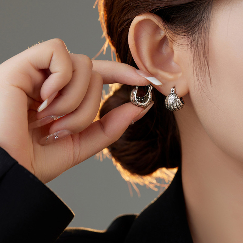 Ear Clip Lava Texture Earrings Niche Hoop Earrings Vintage Thai Silver Ear Ring Earrings