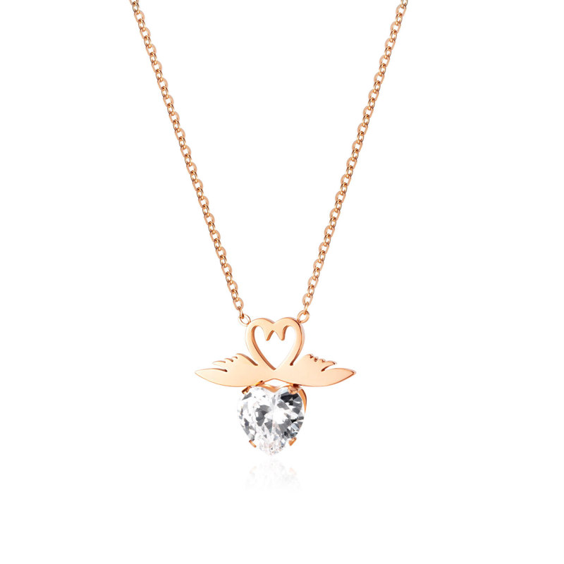 Korean Fashion Valentine's Day Titanium Steel Heart-Shaped Zircon Pendant Stainless Steel Rose Gold Plated Necklace for Women