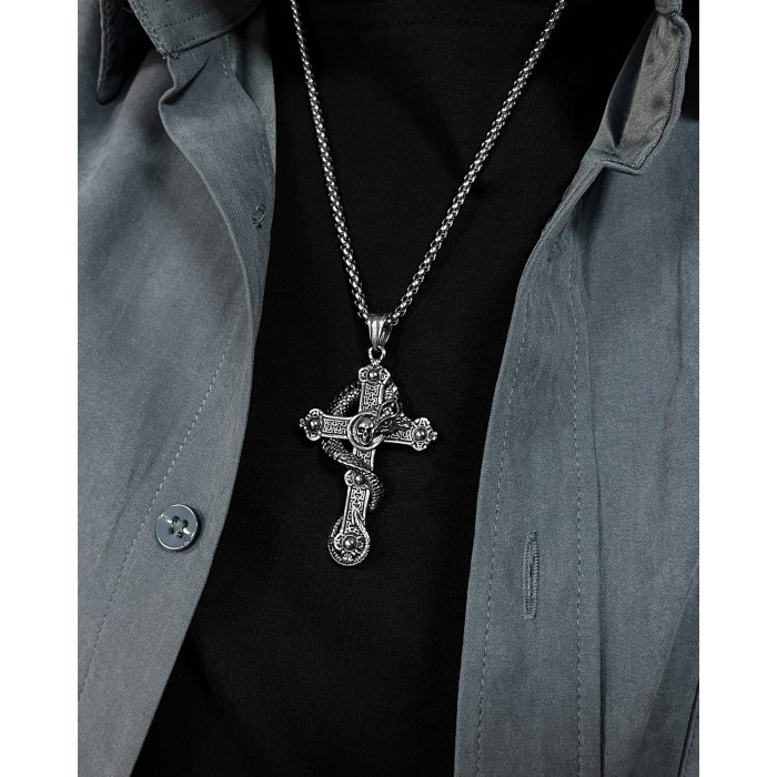 Ornament New Retro Titanium Steel Skull Cross Pendant Personalized Hip Hop Panlong Men's Necklace