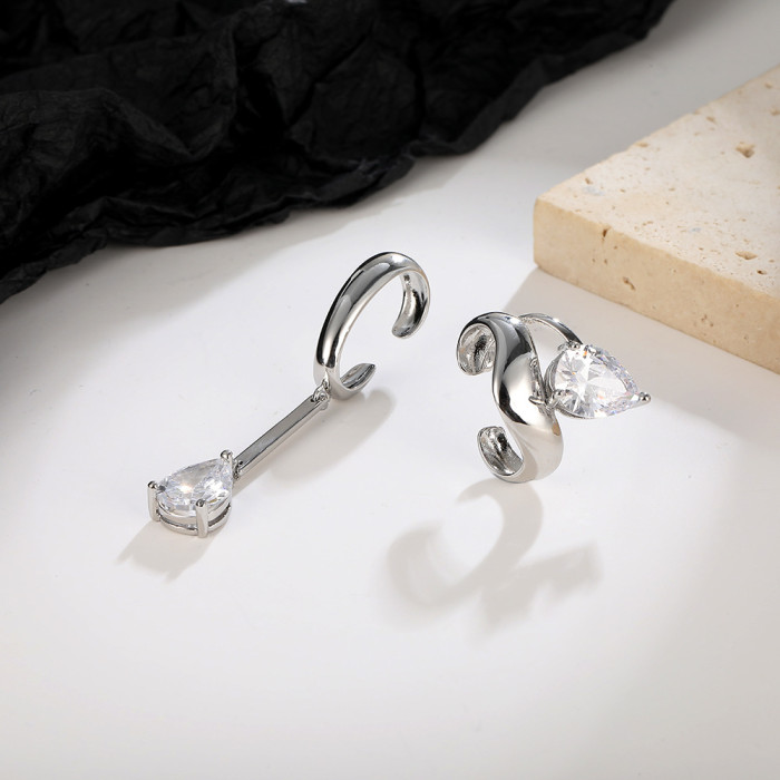 S925 Sterling Silver Asymmetric Long Heart Water Drop Earrings Personalized Zircon Non-Piercing Ear Clip