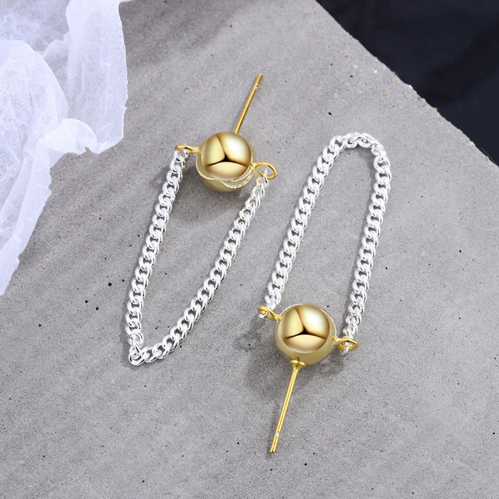 Round Beads Chain Tassel Stud Earrings Gold and Silver Color Matching Glossy Personalized Earrings