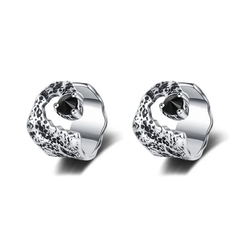 Non-Pierced Ear Bone Clip Vintage Thai Silver Black Zircon Skin Texture Earrings